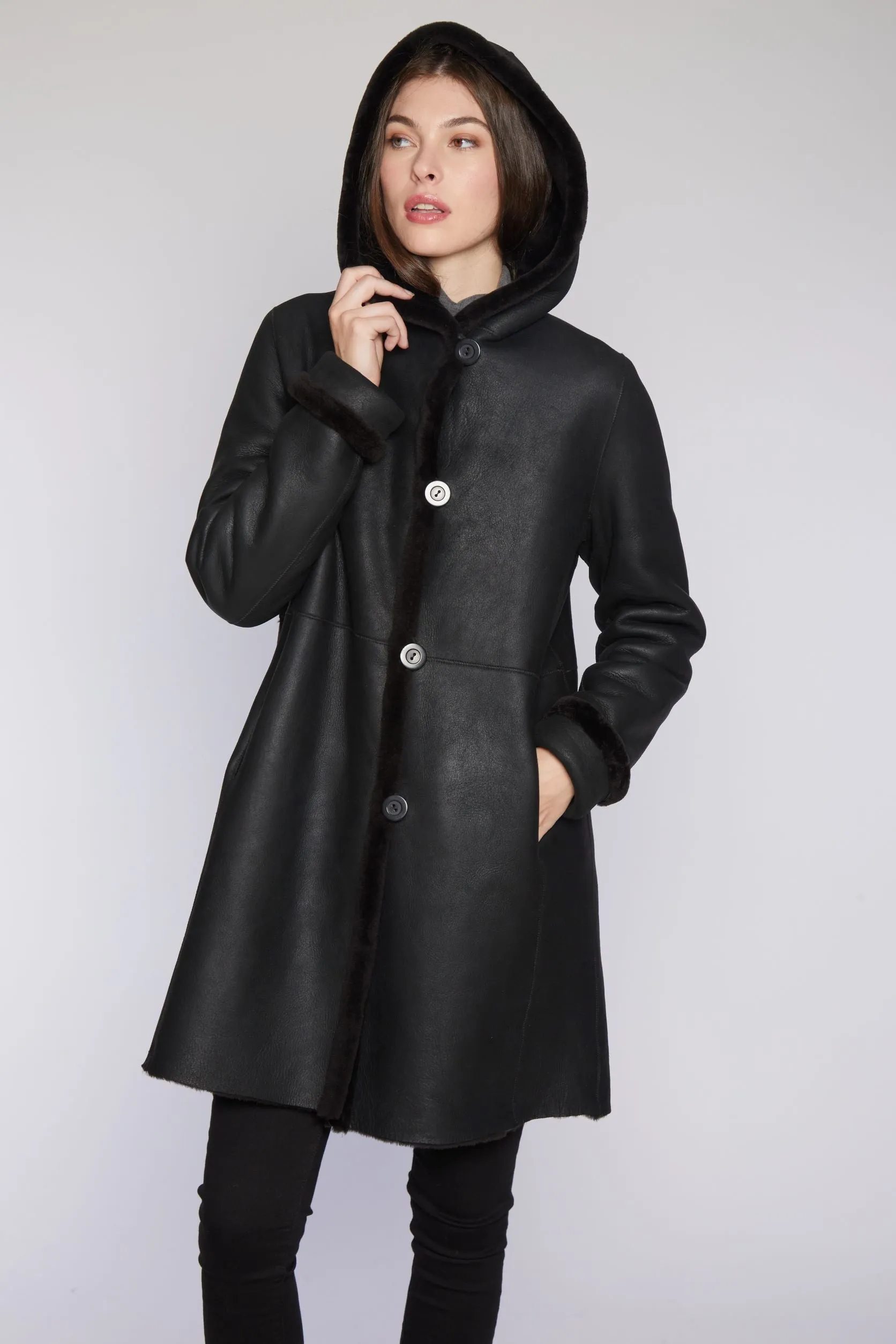 7271HD Easy Body  Shearling  with Hood   $750.00   onlyBurnt Umber  SOLDOUT