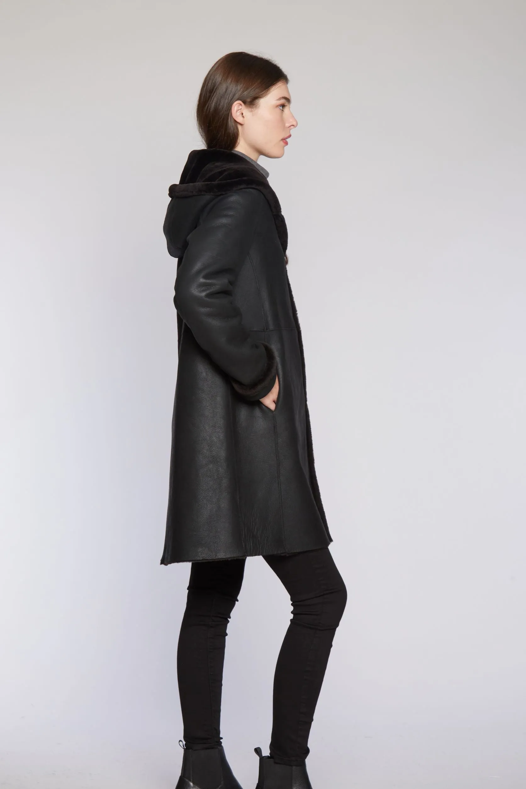 7271HD Easy Body  Shearling  with Hood   $750.00   onlyBurnt Umber  SOLDOUT