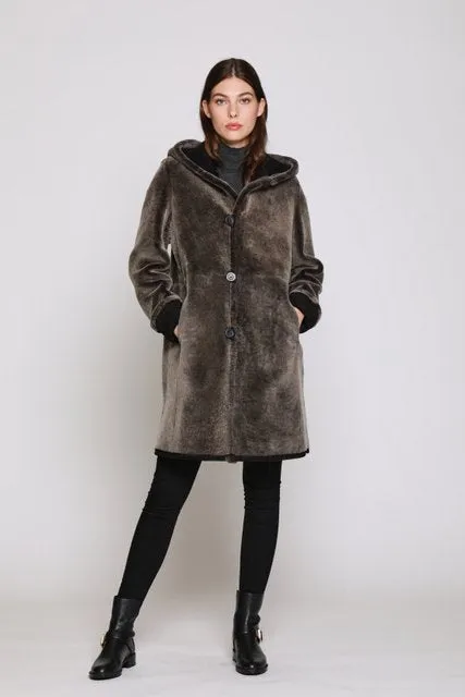 7271HD Easy Body  Shearling  with Hood   $750.00   onlyBurnt Umber  SOLDOUT
