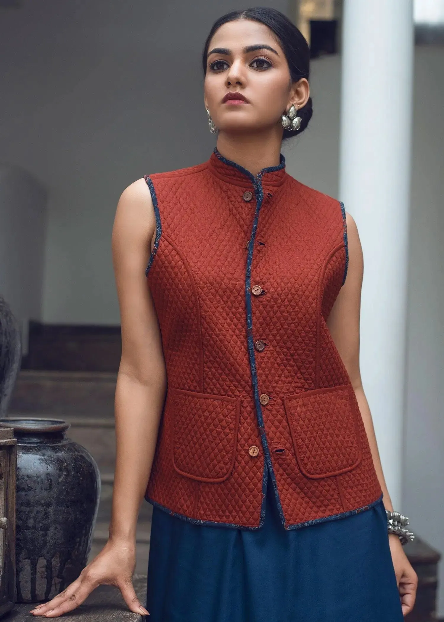 Anar Jaal Red and Blue Cotton Quilted Reversible Sleeveless Jacket