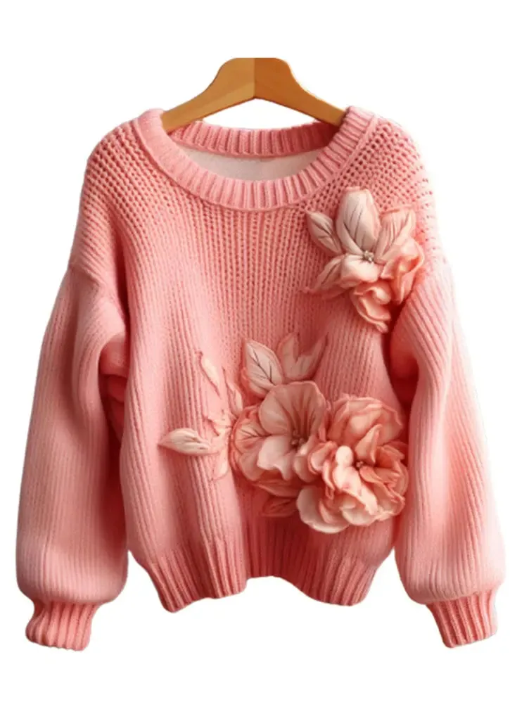 Art Pink Floral  Cozy Cotton Knit Sweaters Long Sleeve FA319