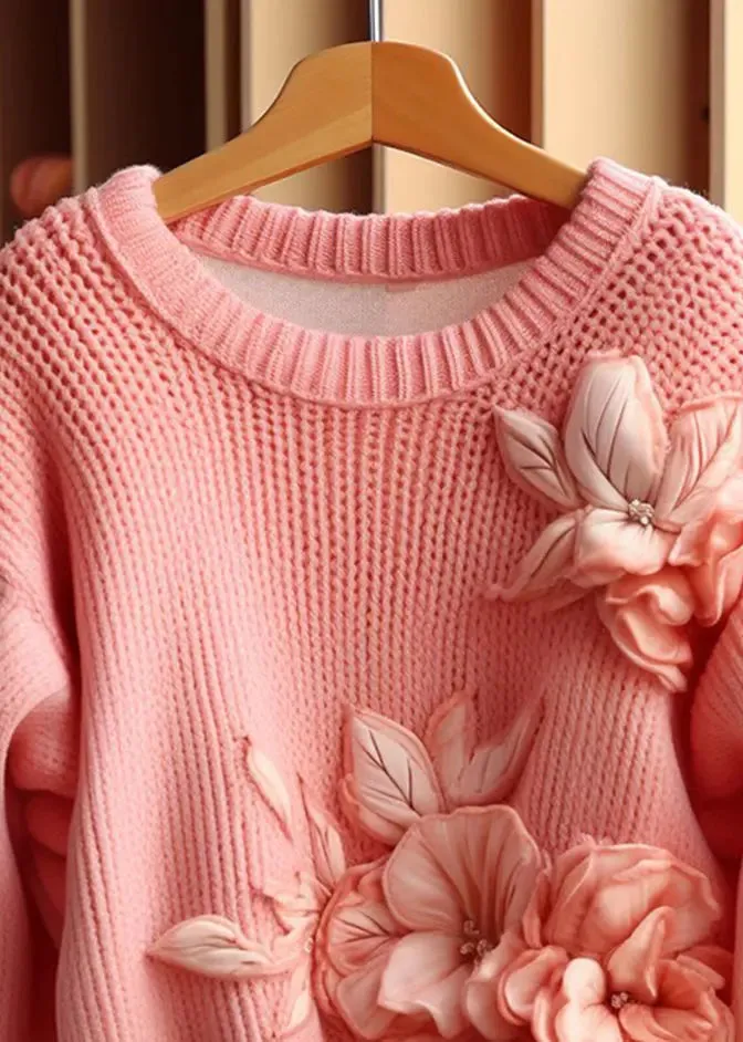 Art Pink Floral  Cozy Cotton Knit Sweaters Long Sleeve FA319