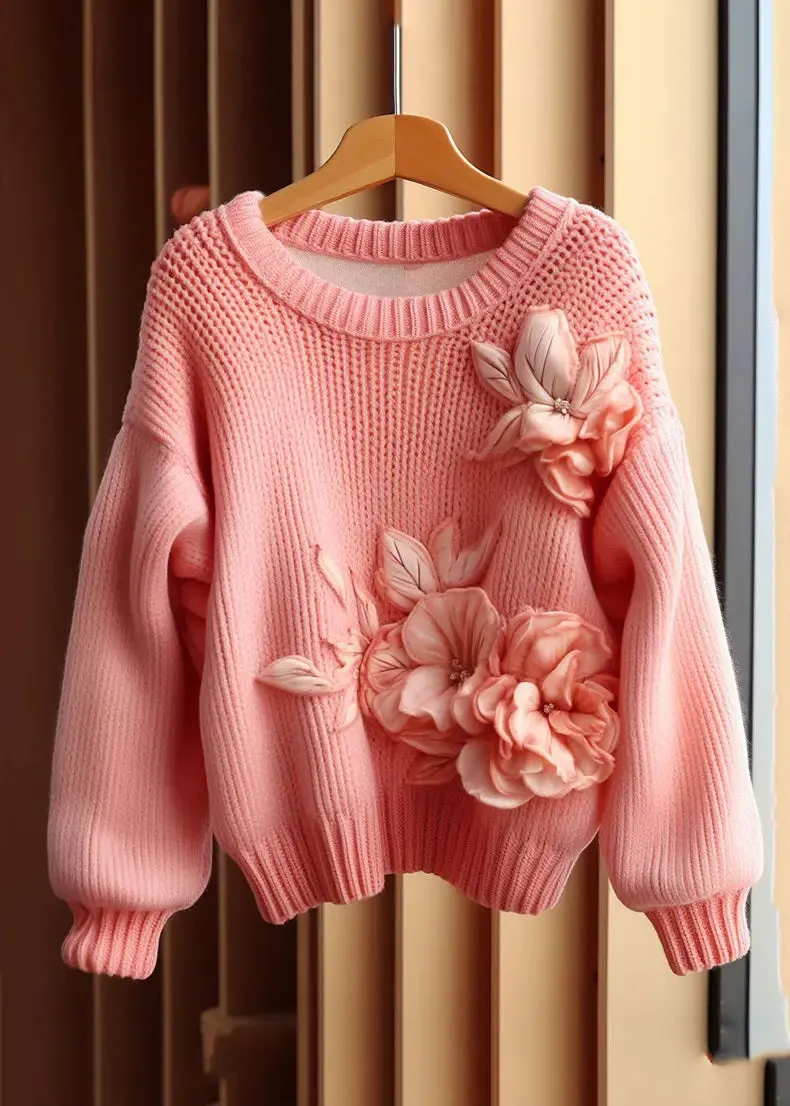 Art Pink Floral  Cozy Cotton Knit Sweaters Long Sleeve FA319