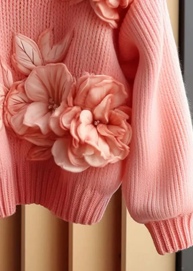 Art Pink Floral  Cozy Cotton Knit Sweaters Long Sleeve FA319