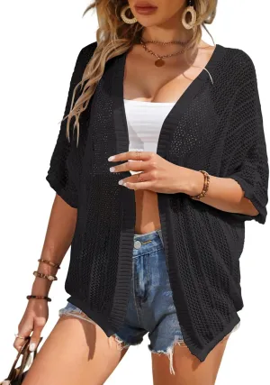 BeautyNee Womens Short Sleeve Cardigan Skeleton Lightweight Summer Button Down Shirts Lace Shrug Knit Sweater Tops