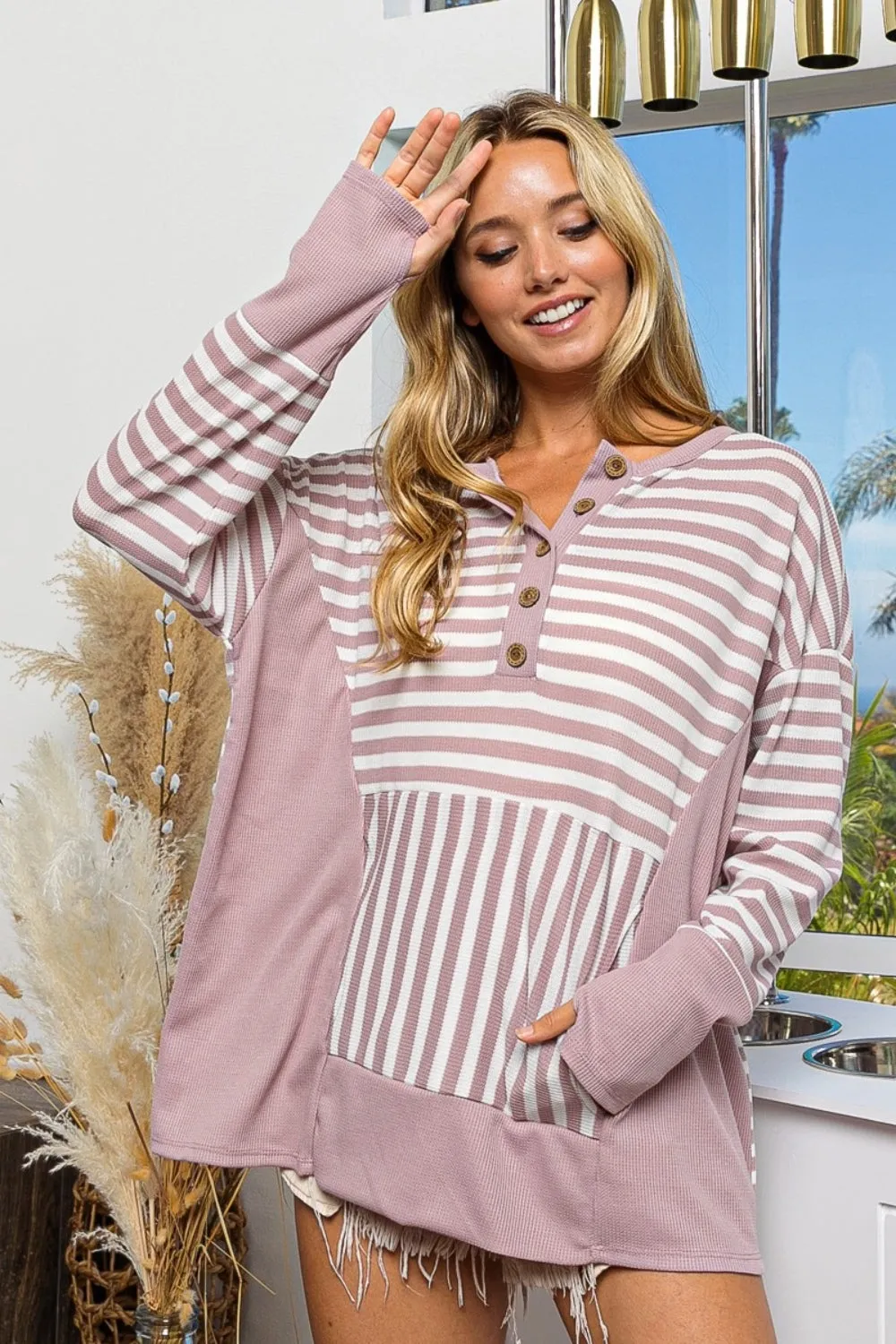 Blue Zone Planet |  BiBi Striped Thumbhole Long Sleeve Top