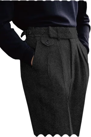 Ceehuteey Men's High Waisted Dress Pants Pleated Front Tweed Retro Wool Trousers