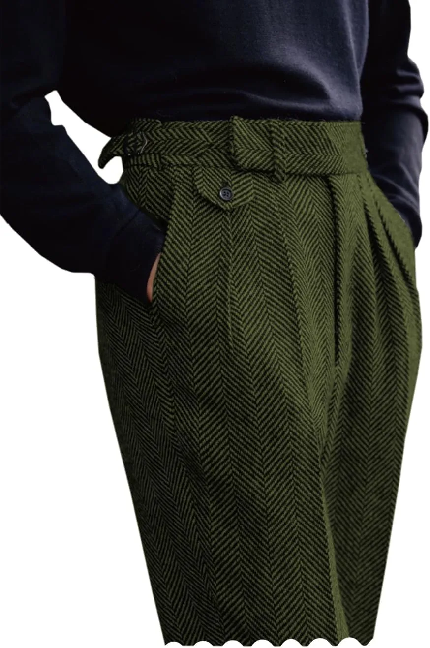 Ceehuteey Men's High Waisted Dress Pants Pleated Front Tweed Retro Wool Trousers