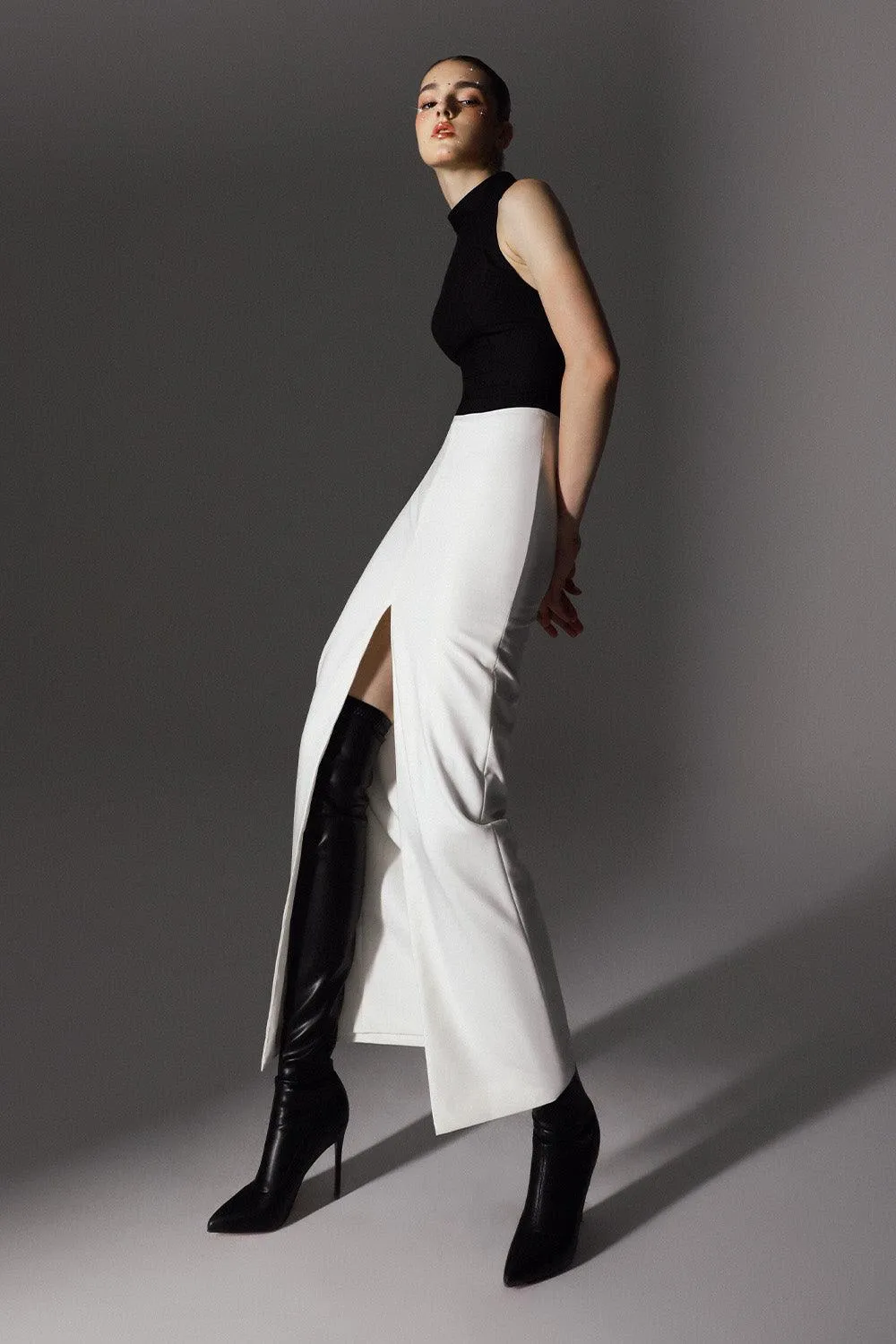 Charter Slit High Neck Wool Cotton Ankle Length Dress