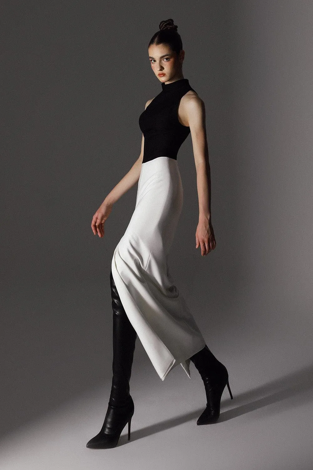 Charter Slit High Neck Wool Cotton Ankle Length Dress