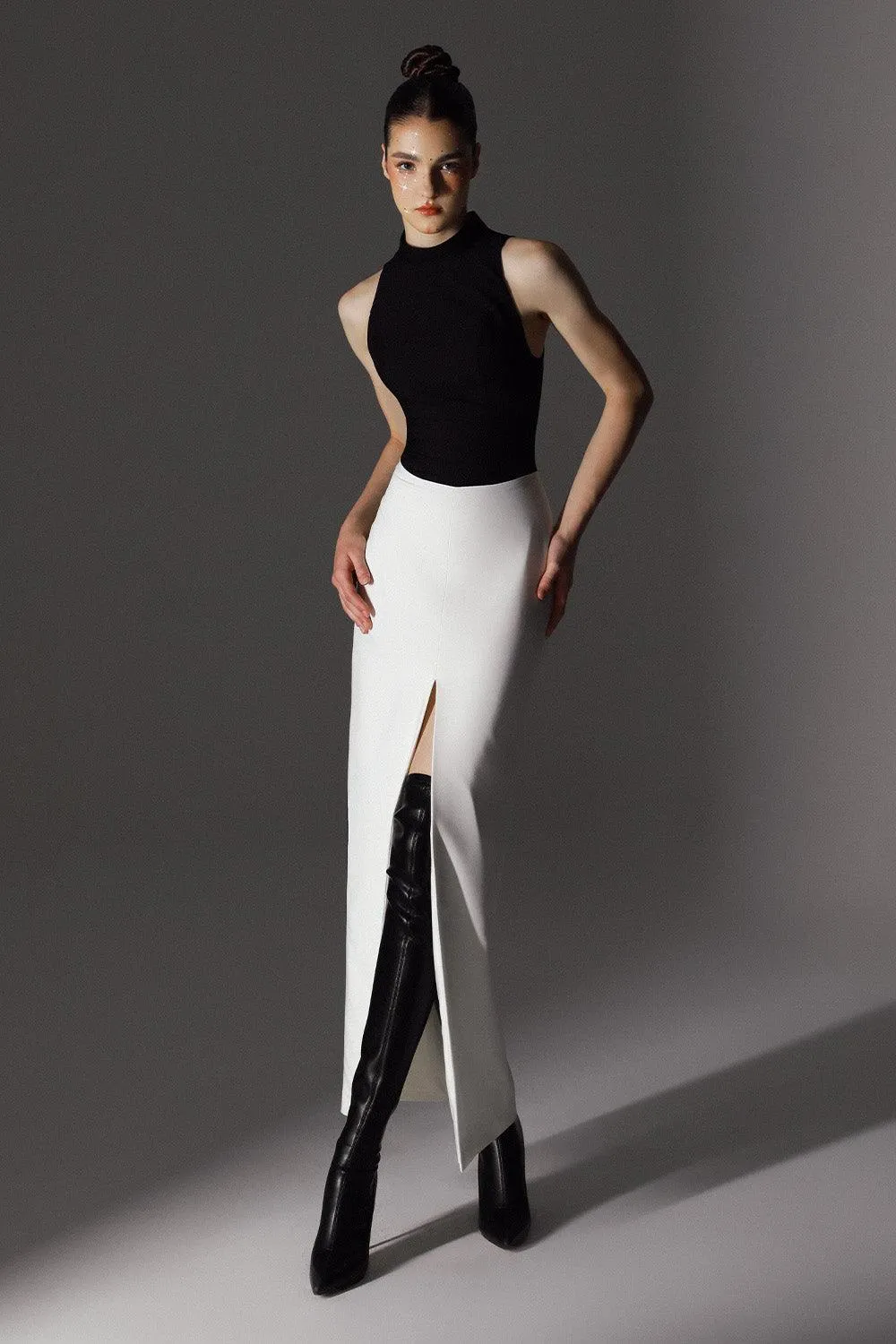 Charter Slit High Neck Wool Cotton Ankle Length Dress