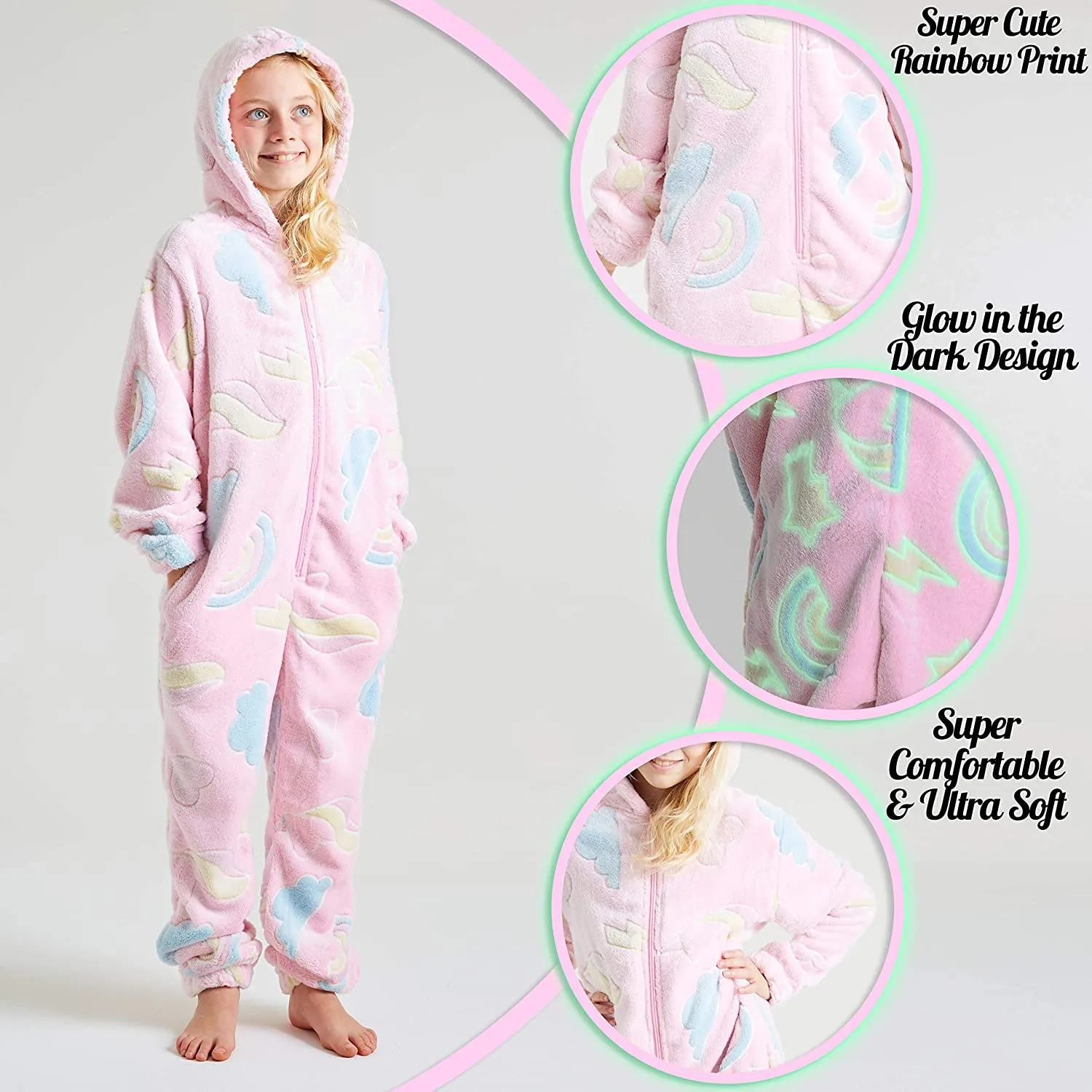 CityComfort Glow in The Dark Onesie Kids Onesies for Girls Rainbow Unicorn Pyjamas
