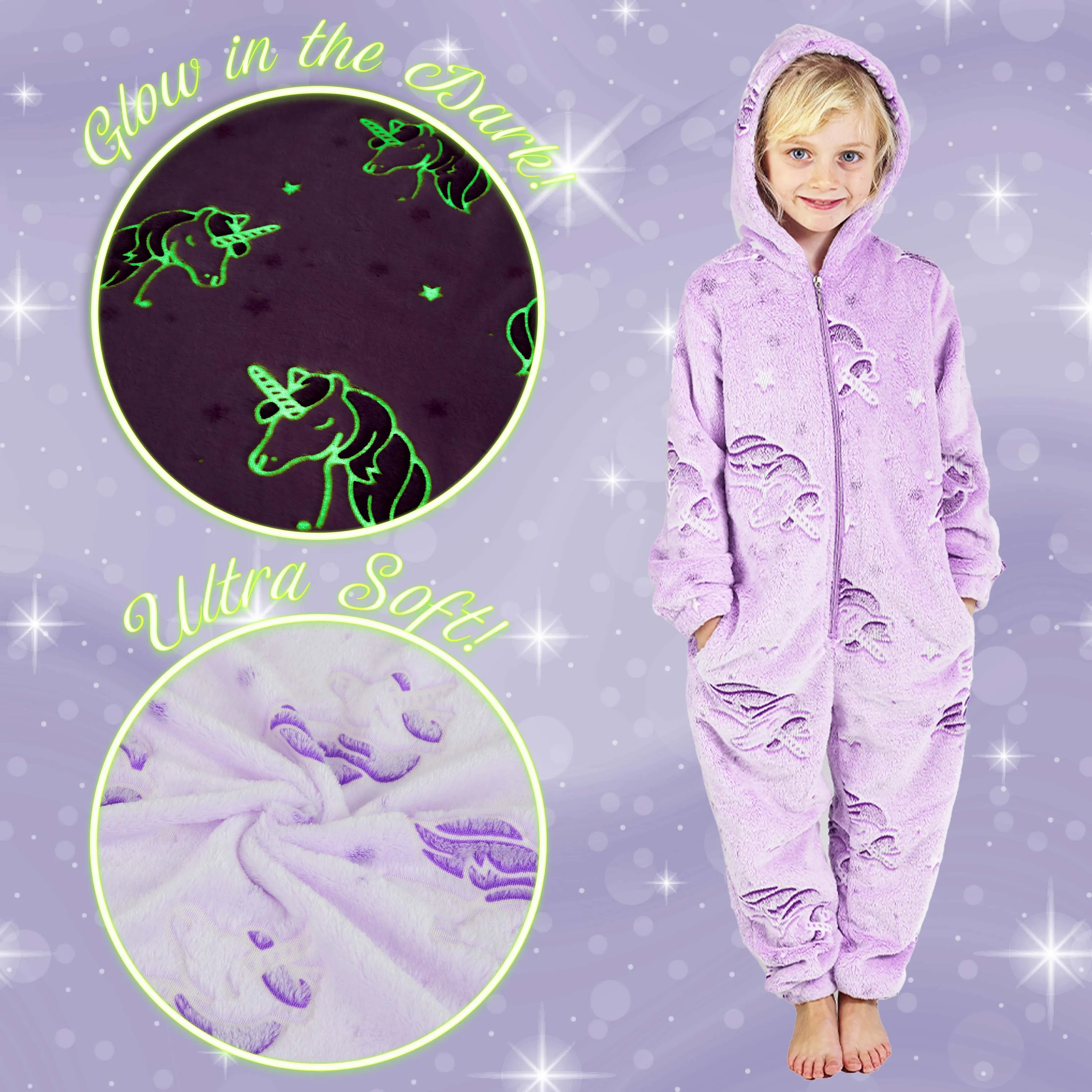 CityComfort Glow in The Dark Onesie Kids Onesies for Girls Rainbow Unicorn Pyjamas