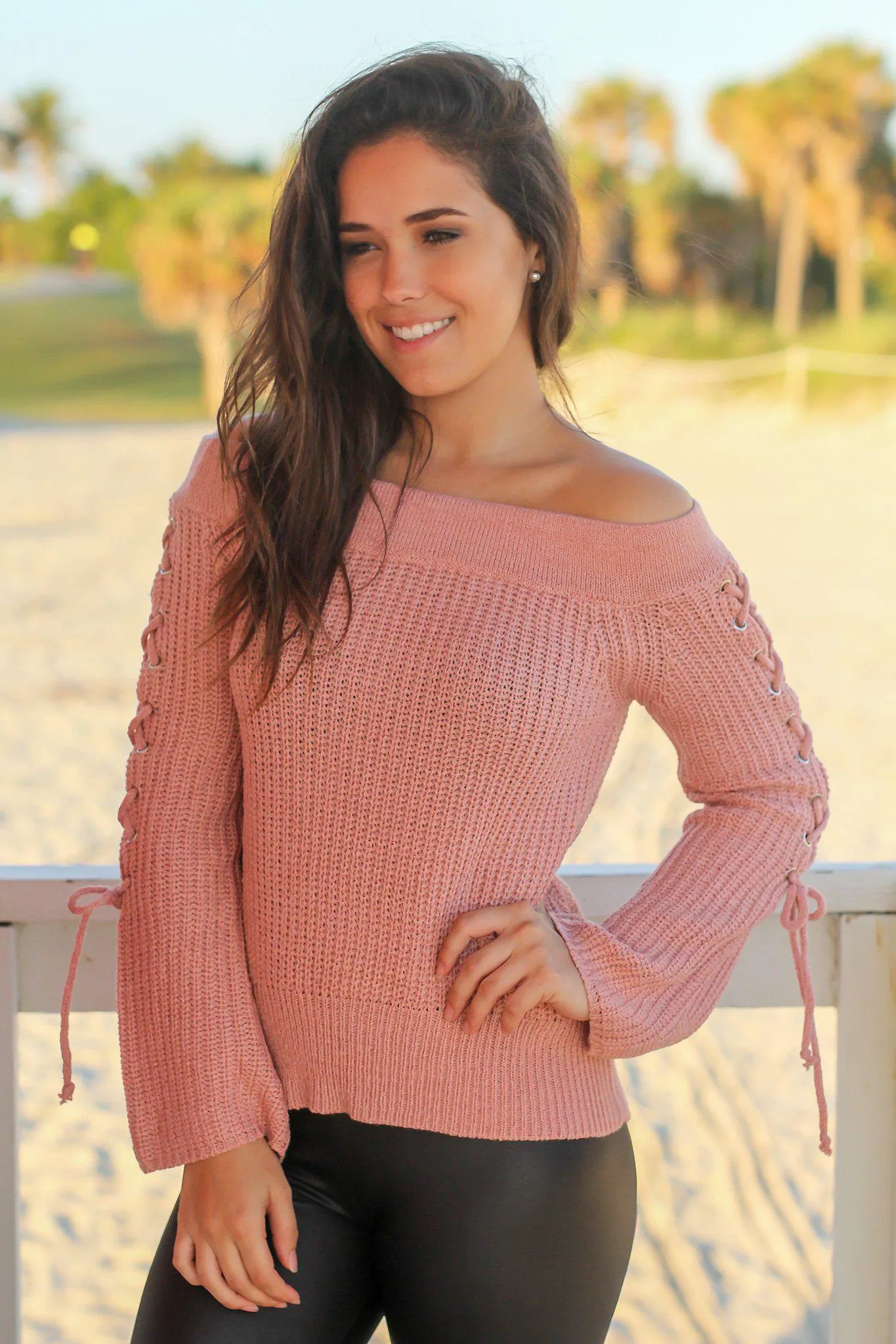 Dusty Pink Off Shoulder Lace Up Sweater