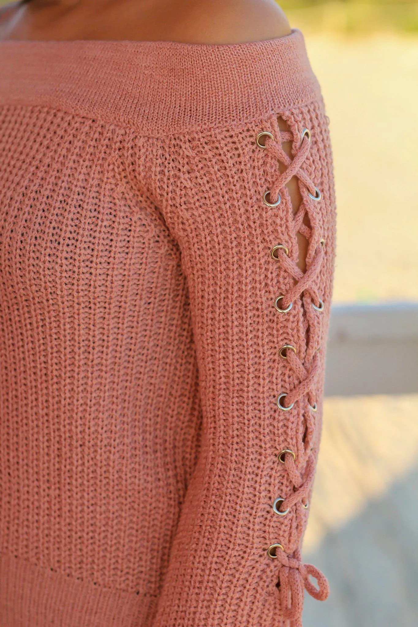 Dusty Pink Off Shoulder Lace Up Sweater