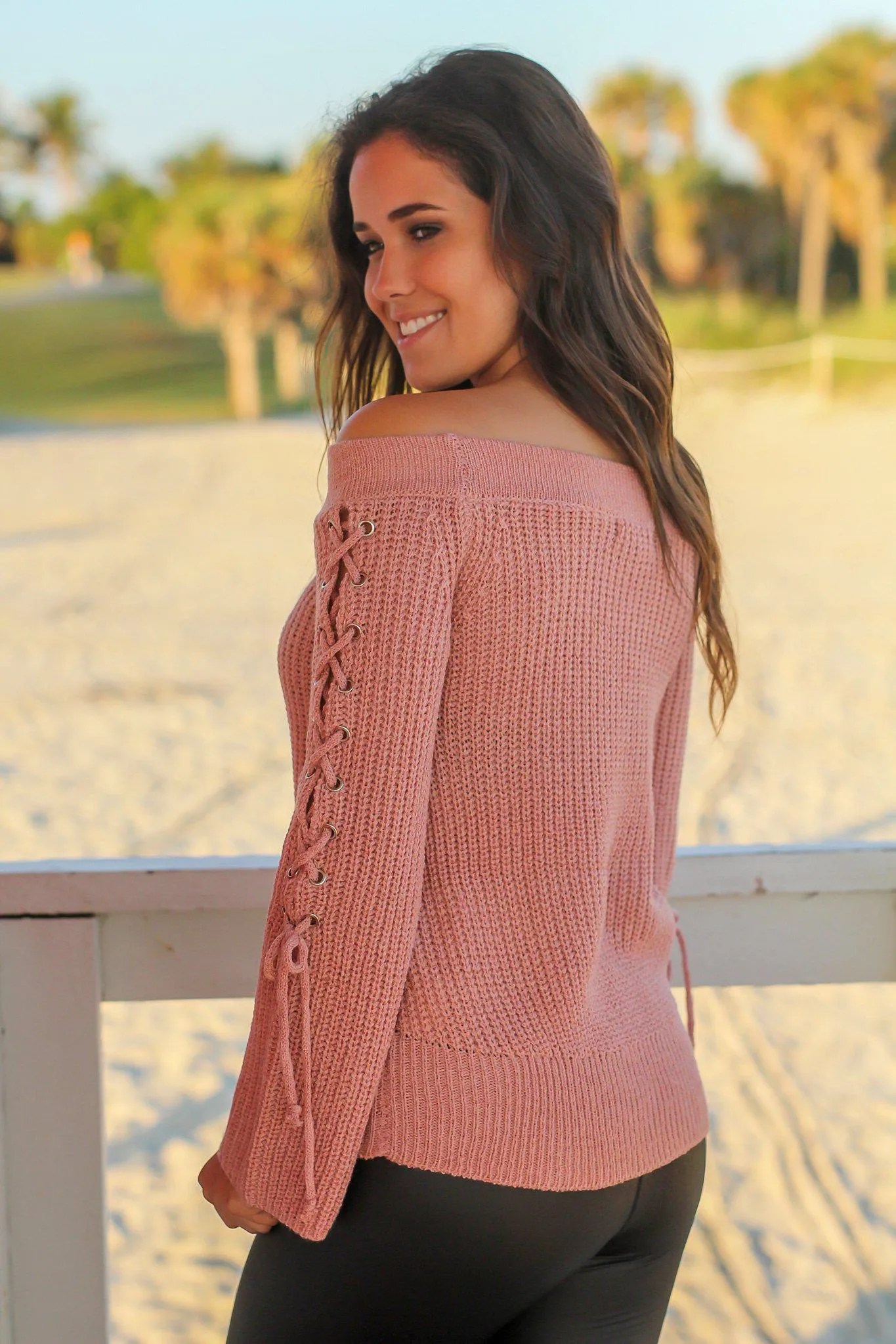 Dusty Pink Off Shoulder Lace Up Sweater