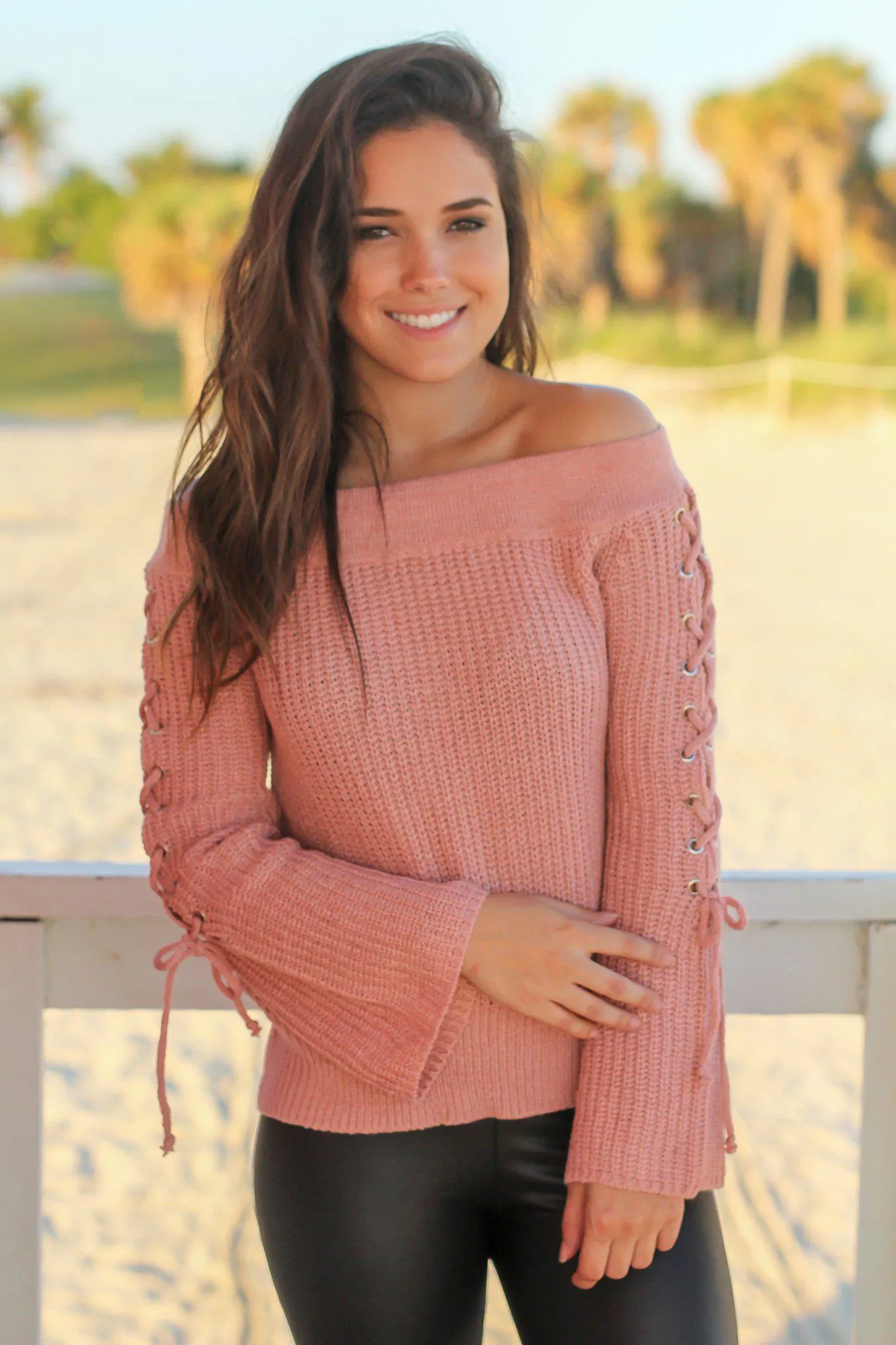 Dusty Pink Off Shoulder Lace Up Sweater