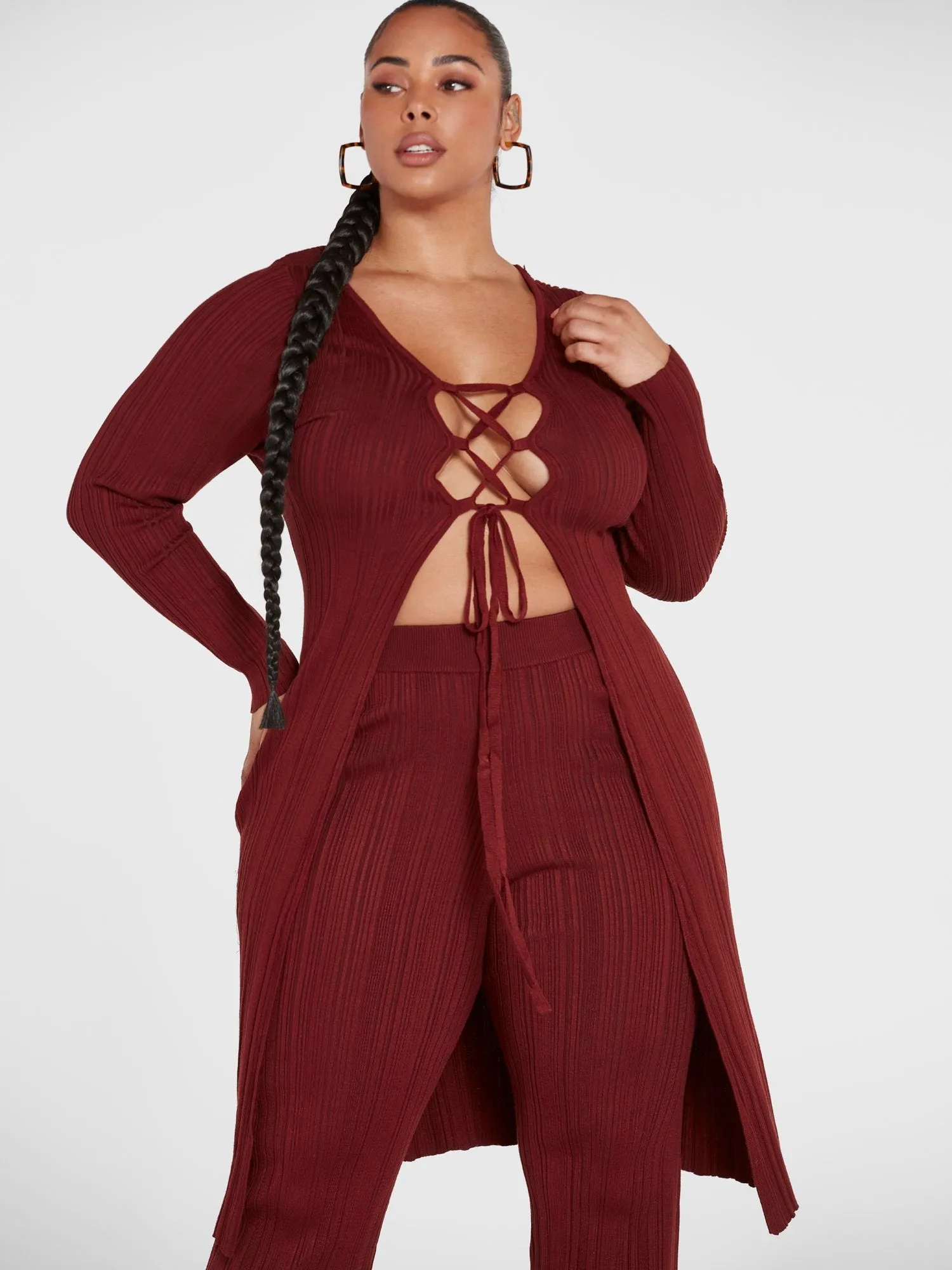 Fashion To Figure - Dakota Lace-Up Ribbed Knit Cardigan