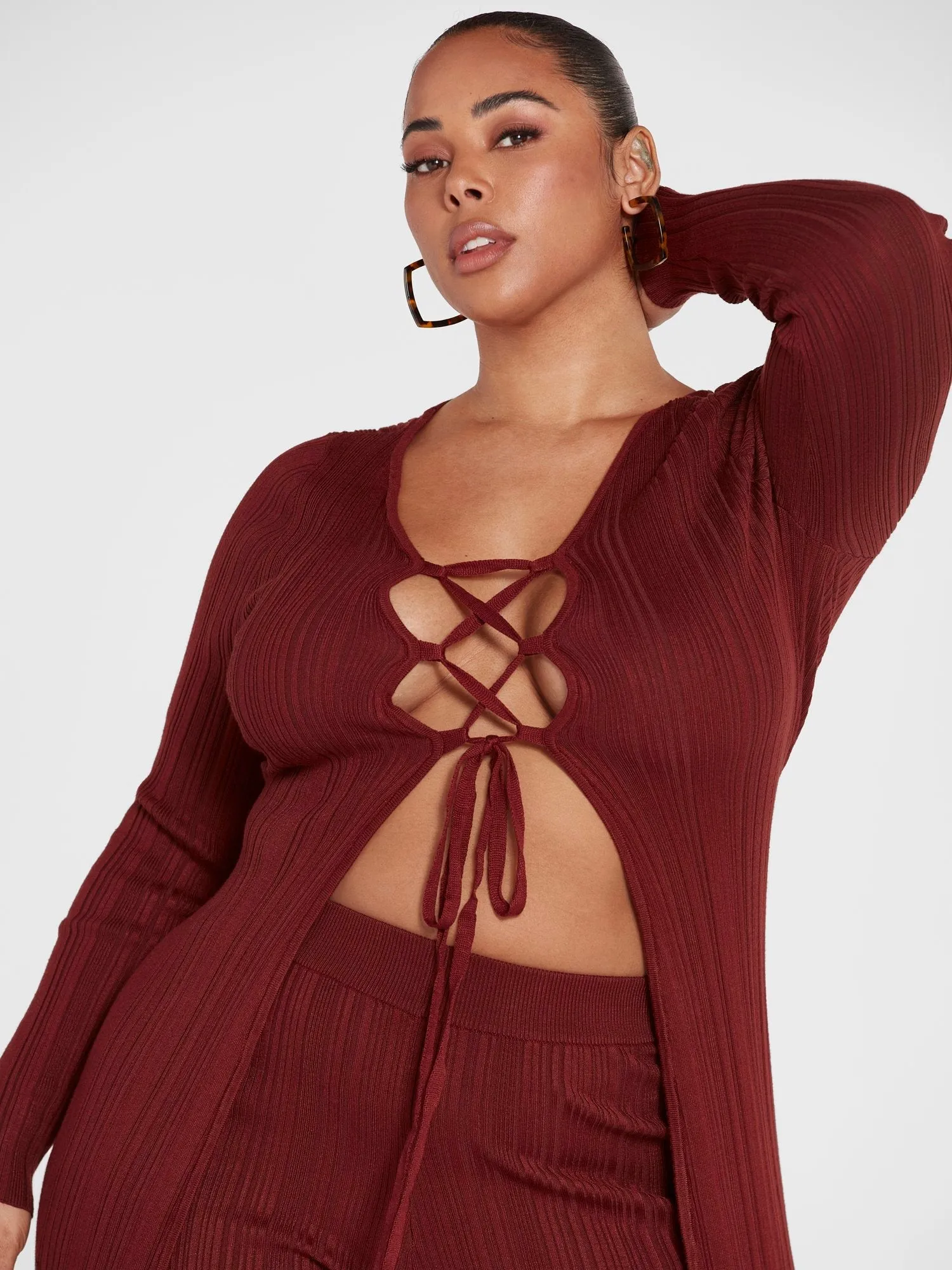 Fashion To Figure - Dakota Lace-Up Ribbed Knit Cardigan