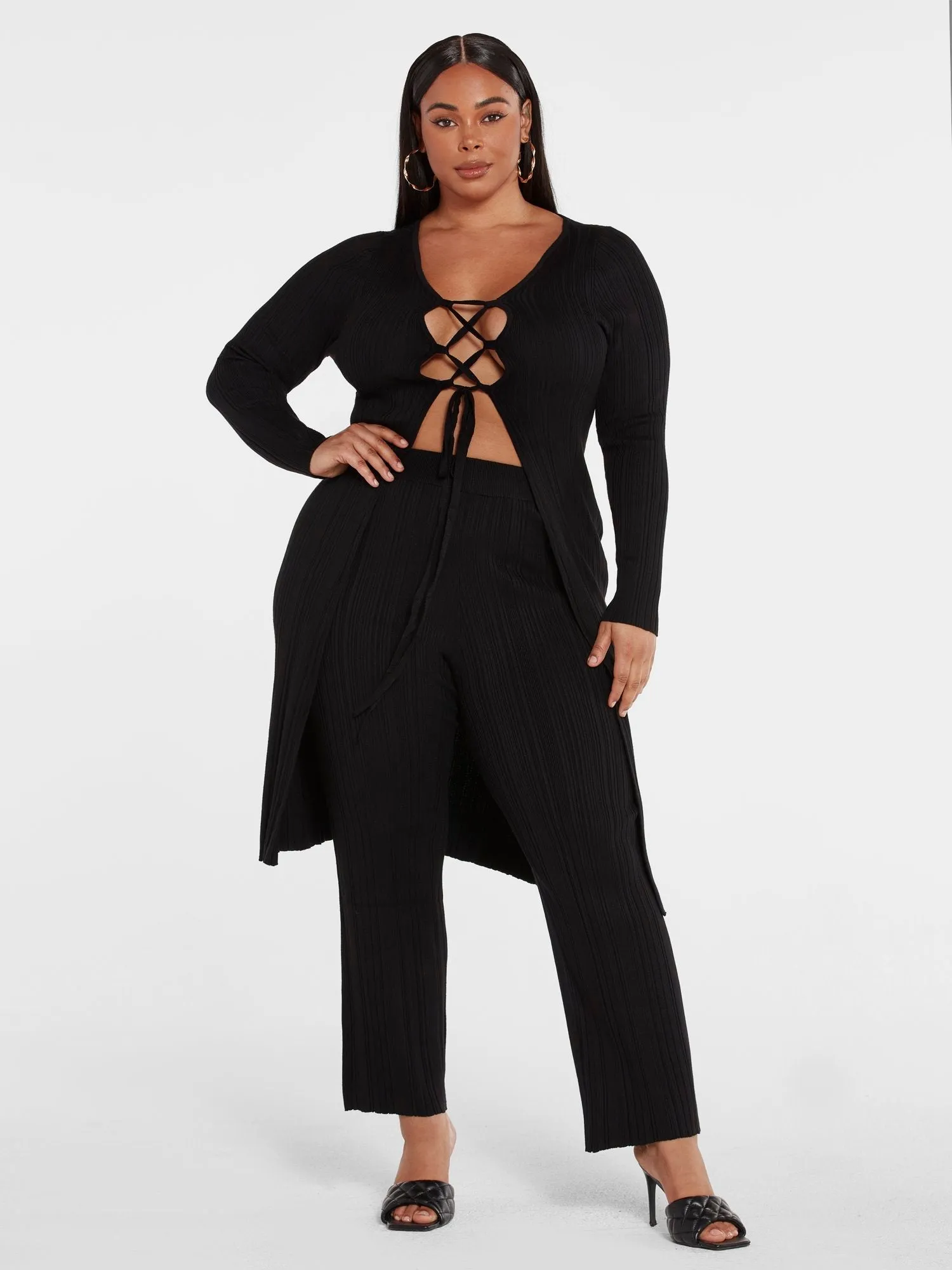 Fashion To Figure - Dakota Lace-Up Ribbed Knit Cardigan
