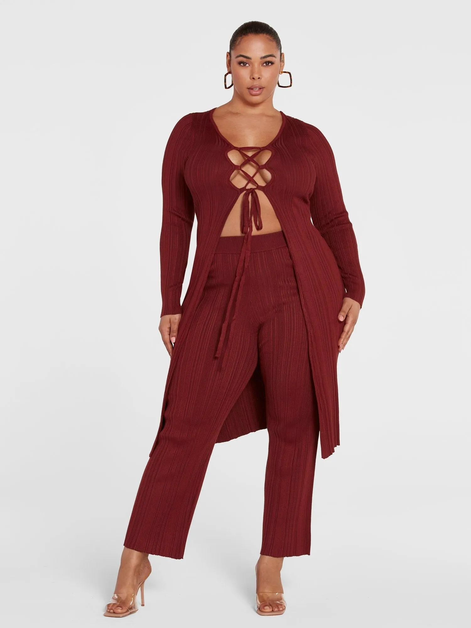 Fashion To Figure - Dakota Lace-Up Ribbed Knit Cardigan