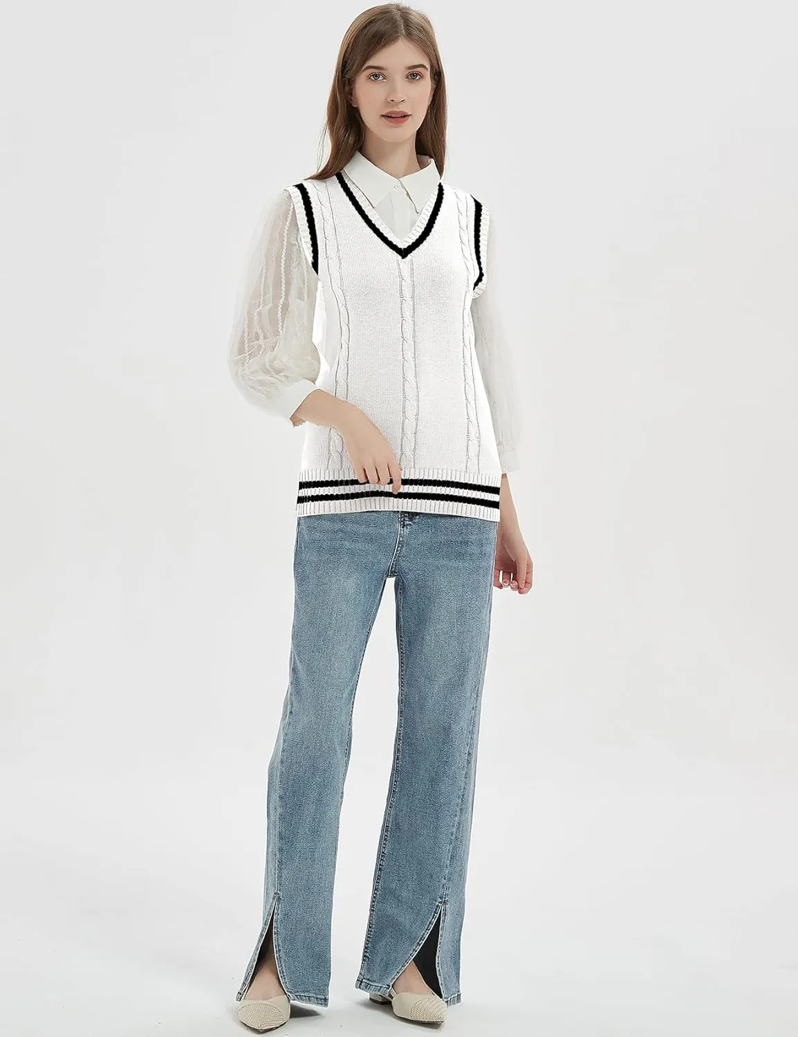 Gihuo Women's Sweater Vest V Neck Uniform Sleeveless Knitted School JK Pullover Tops Classic