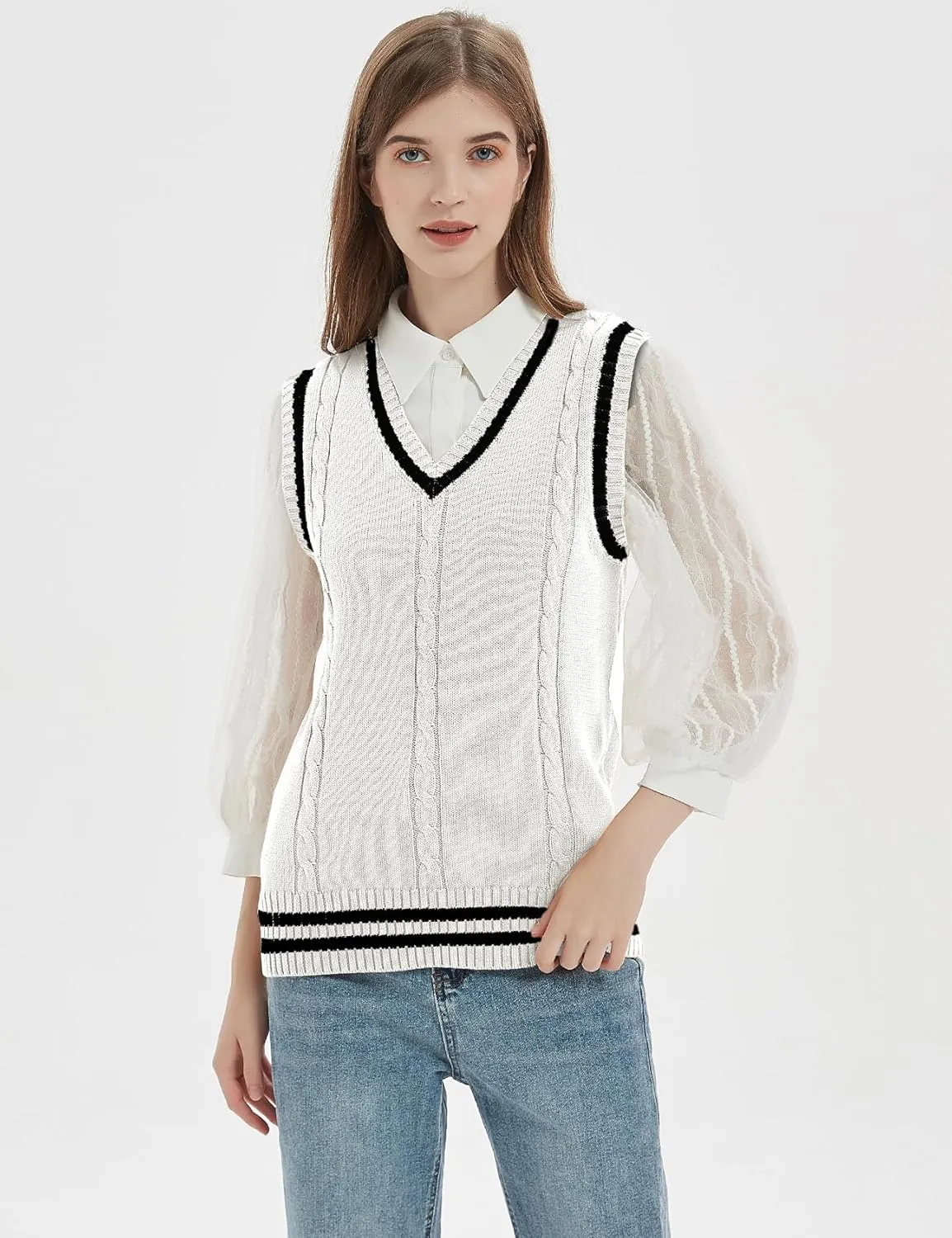 Gihuo Women's Sweater Vest V Neck Uniform Sleeveless Knitted School JK Pullover Tops Classic