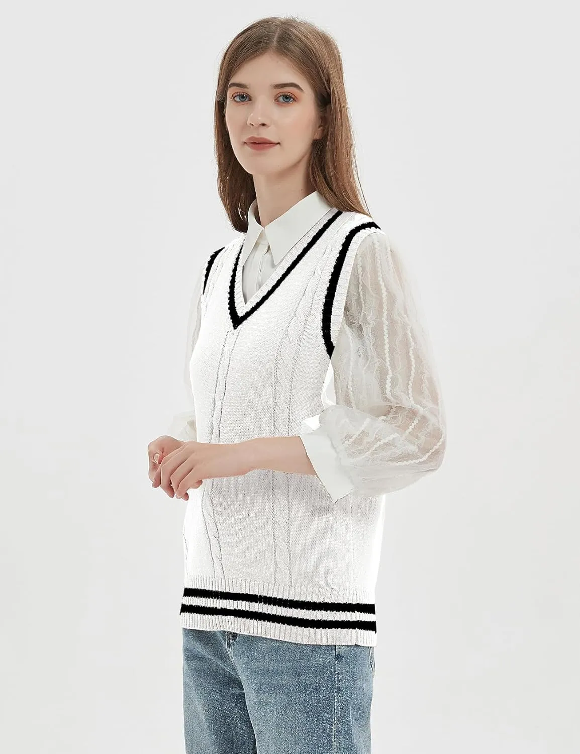 Gihuo Women's Sweater Vest V Neck Uniform Sleeveless Knitted School JK Pullover Tops Classic