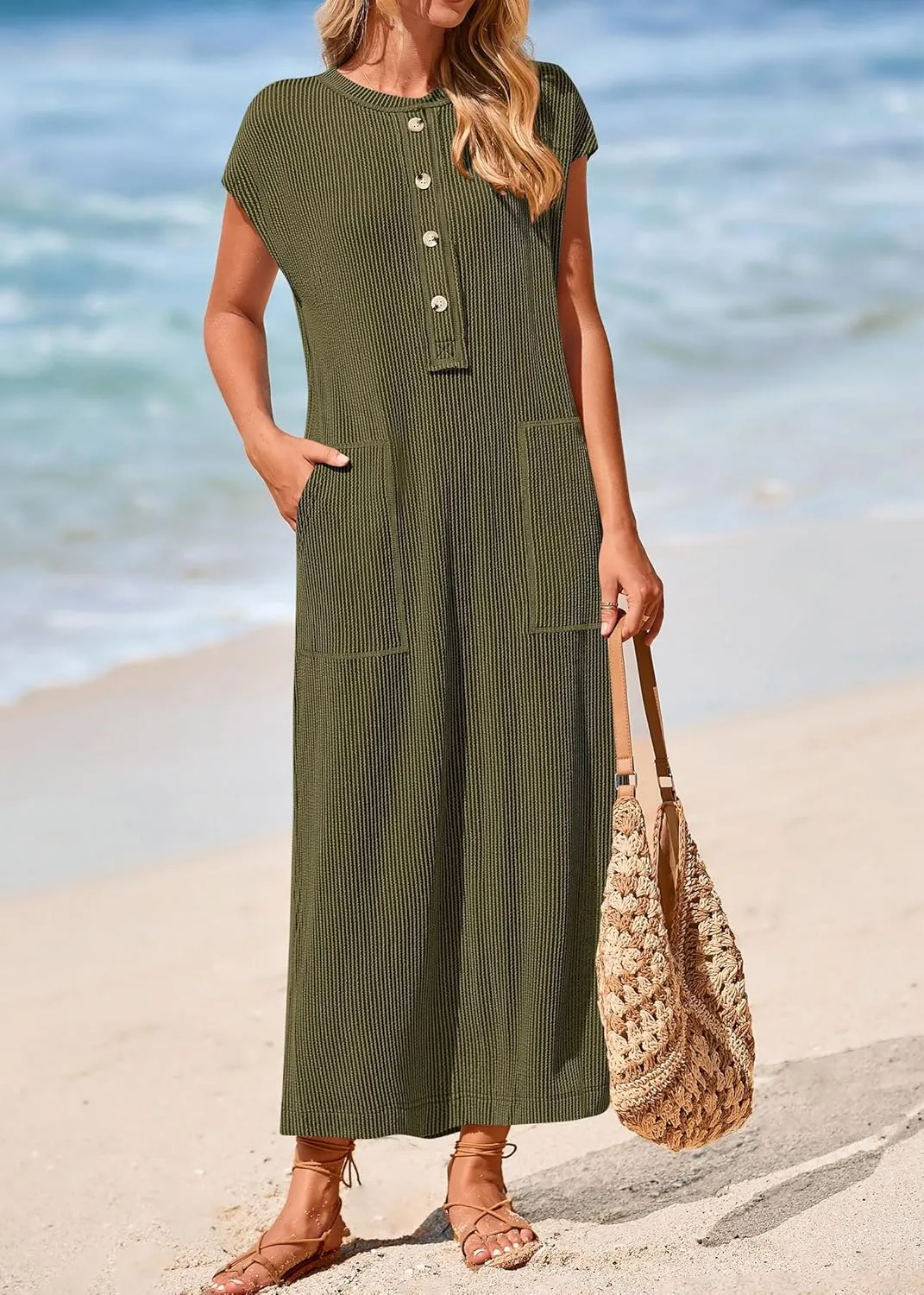 KIRUNDO Womens Summer Dresses Ribbed Knit Henley Short Sleeve Maxi Dress Button Up Loose Slit Beach Vacation Sundress