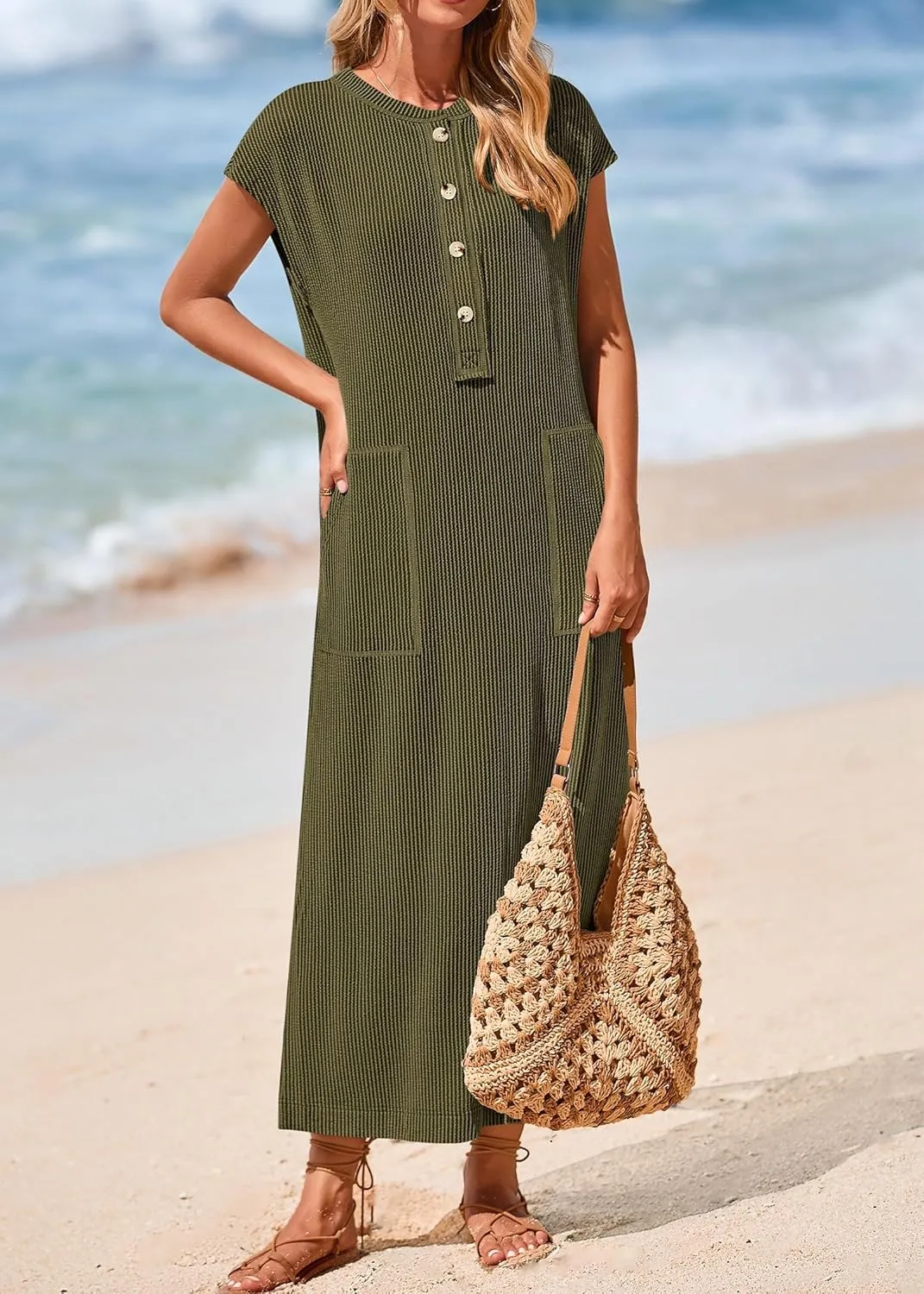 KIRUNDO Womens Summer Dresses Ribbed Knit Henley Short Sleeve Maxi Dress Button Up Loose Slit Beach Vacation Sundress