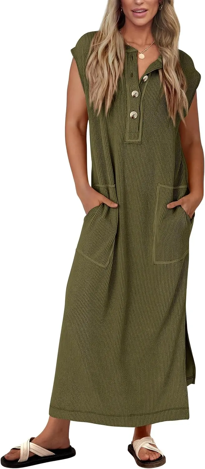 KIRUNDO Womens Summer Dresses Ribbed Knit Henley Short Sleeve Maxi Dress Button Up Loose Slit Beach Vacation Sundress