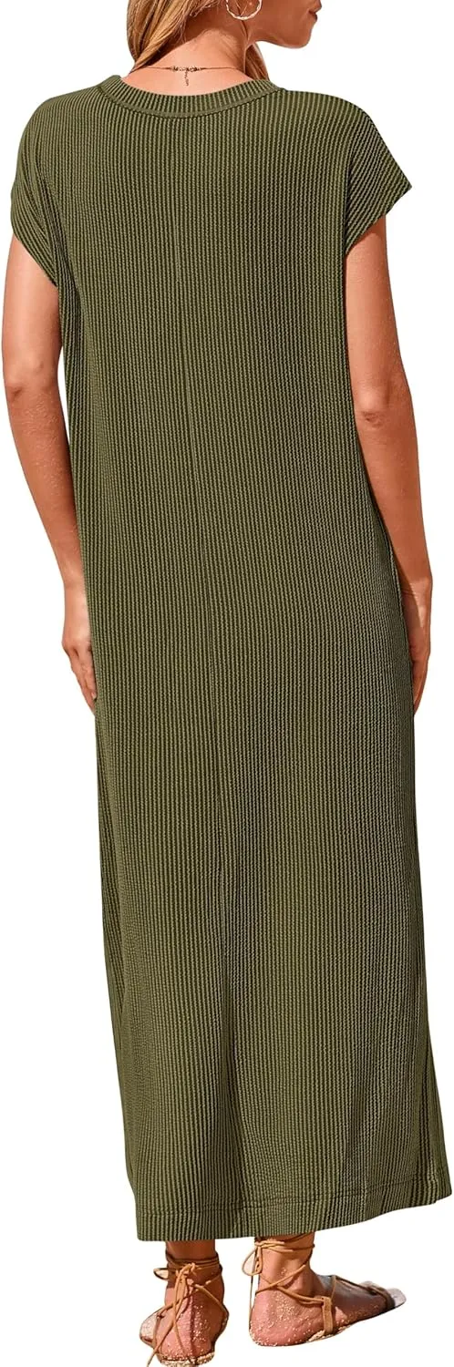 KIRUNDO Womens Summer Dresses Ribbed Knit Henley Short Sleeve Maxi Dress Button Up Loose Slit Beach Vacation Sundress