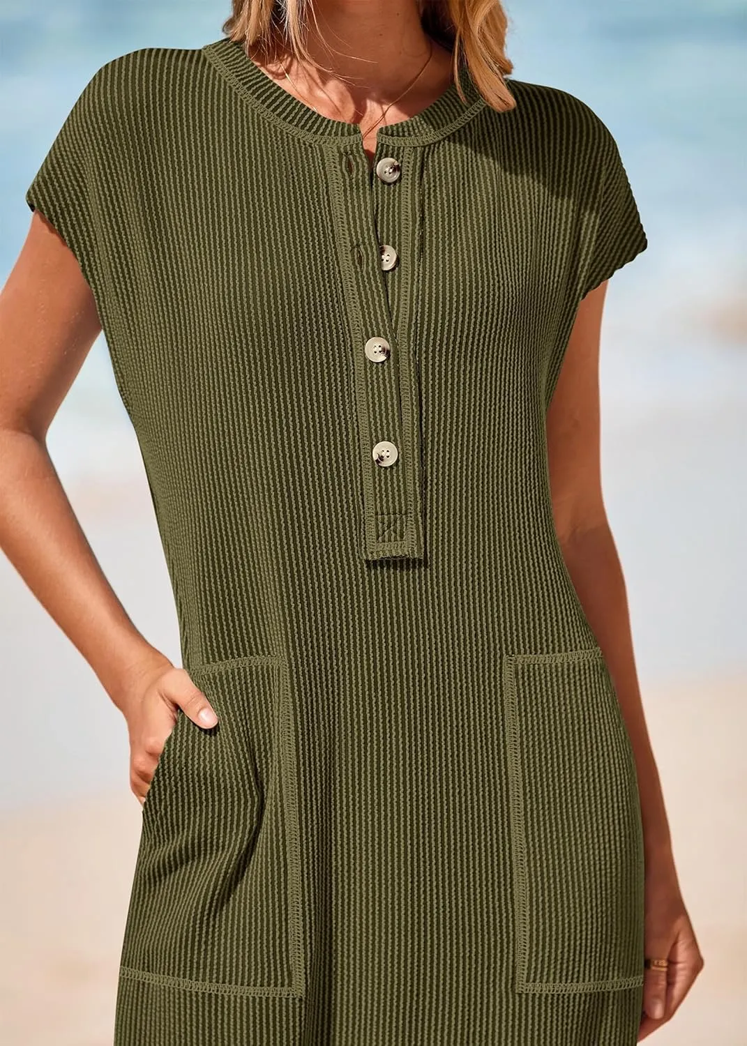 KIRUNDO Womens Summer Dresses Ribbed Knit Henley Short Sleeve Maxi Dress Button Up Loose Slit Beach Vacation Sundress