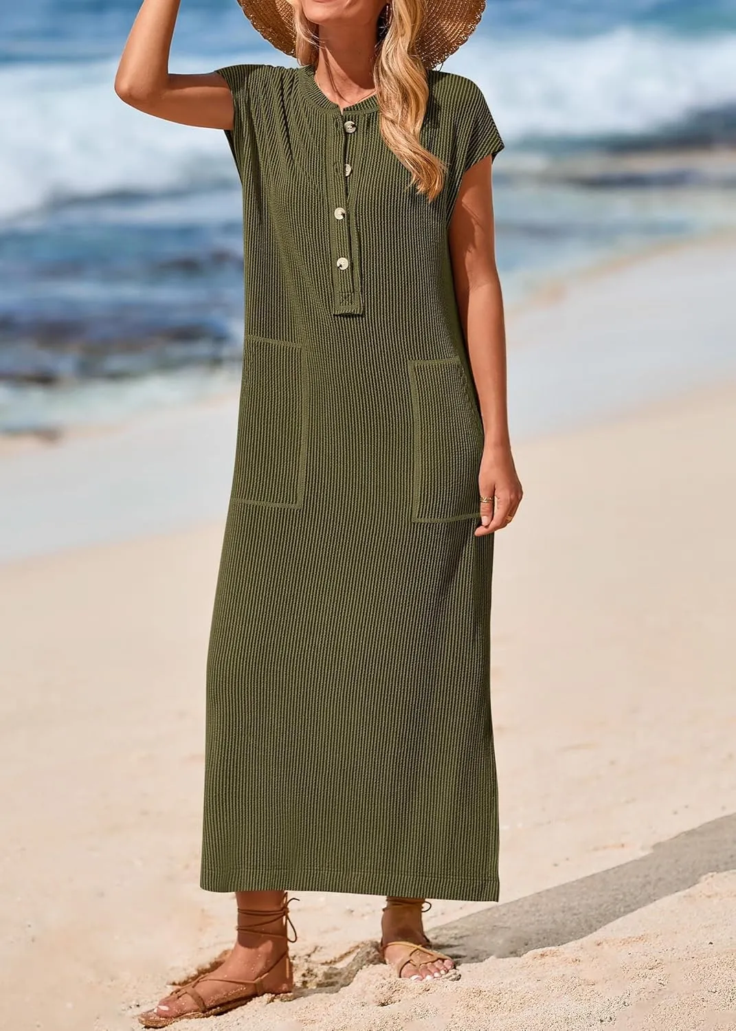 KIRUNDO Womens Summer Dresses Ribbed Knit Henley Short Sleeve Maxi Dress Button Up Loose Slit Beach Vacation Sundress