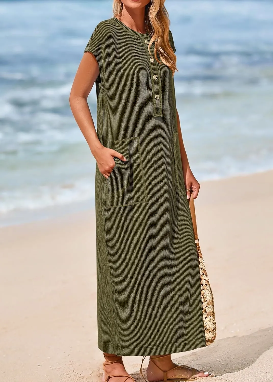 KIRUNDO Womens Summer Dresses Ribbed Knit Henley Short Sleeve Maxi Dress Button Up Loose Slit Beach Vacation Sundress