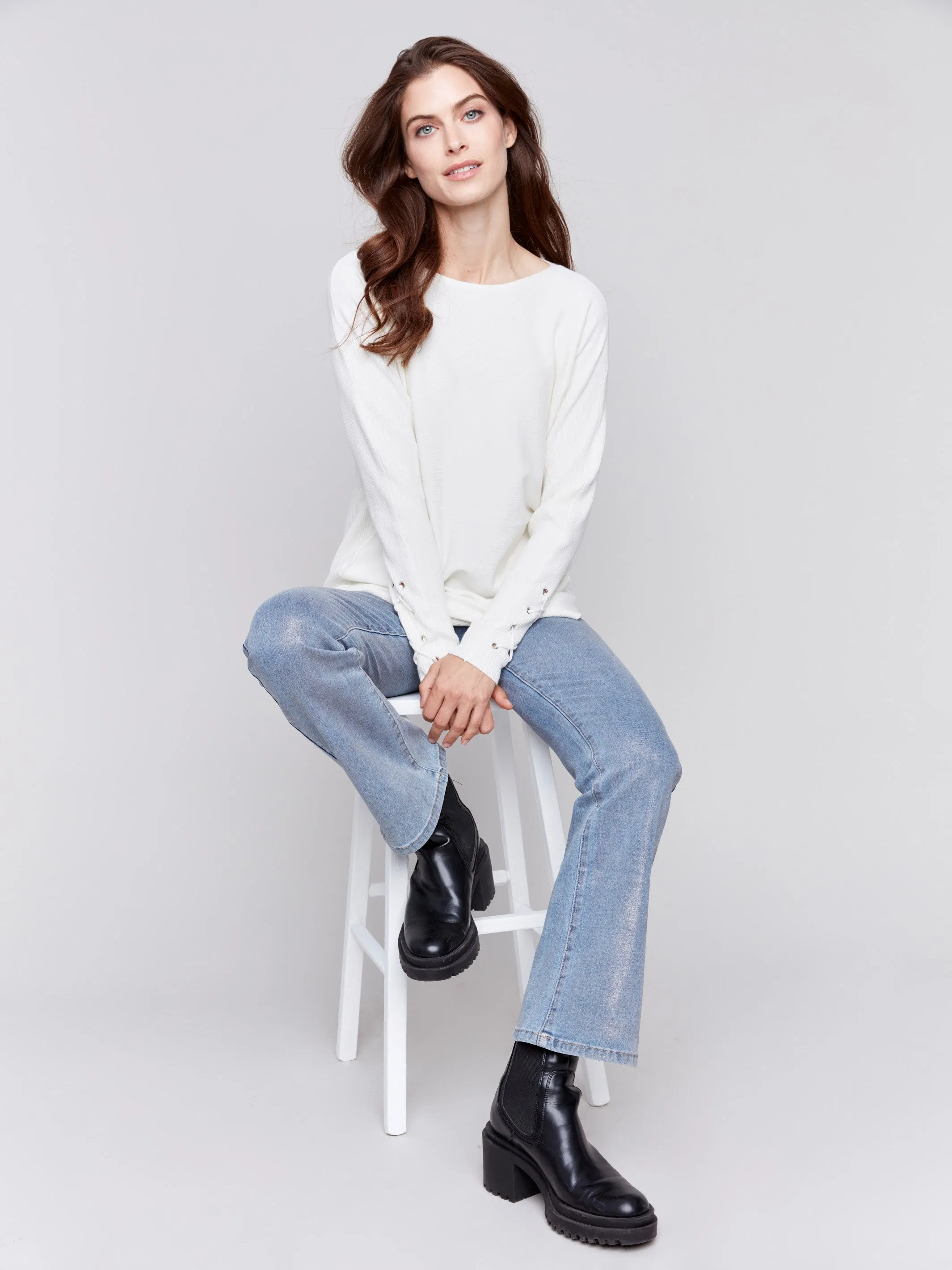 Knit Sweater With Lace-Up Cuffs - Ecru