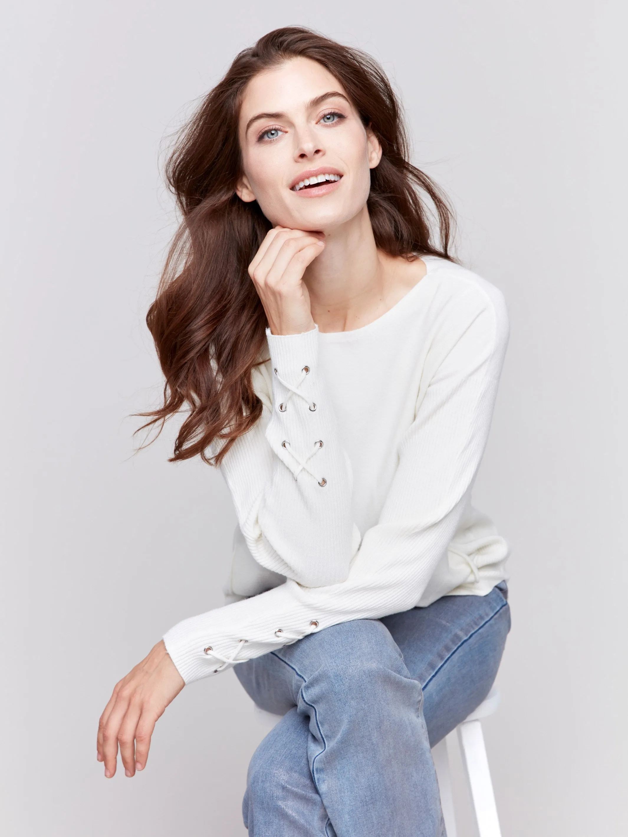 Knit Sweater With Lace-Up Cuffs - Ecru