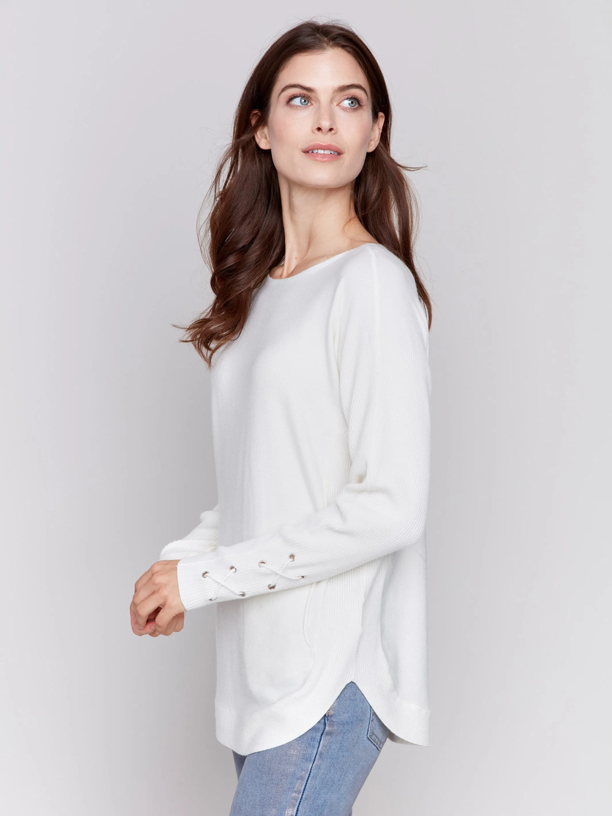 Knit Sweater With Lace-Up Cuffs - Ecru