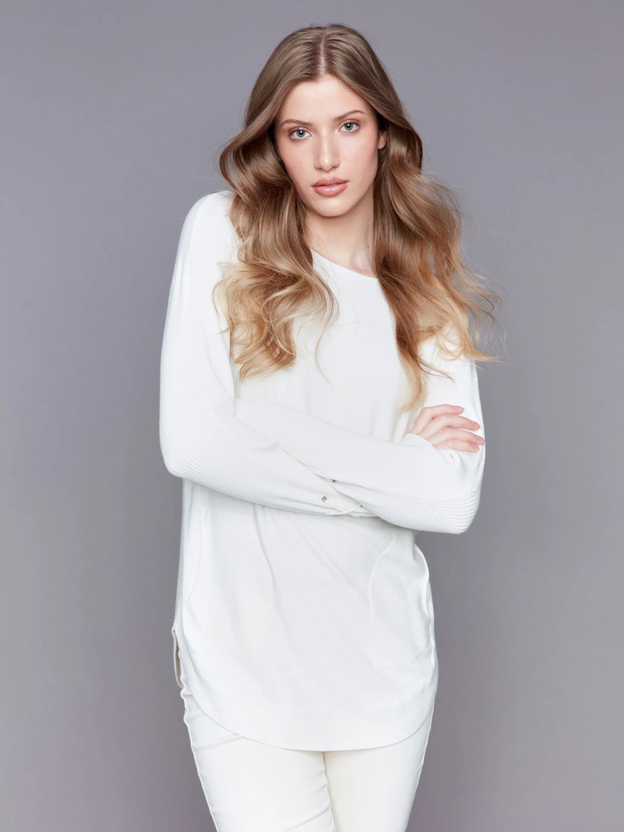 Knit Sweater With Lace-Up Cuffs - Ecru