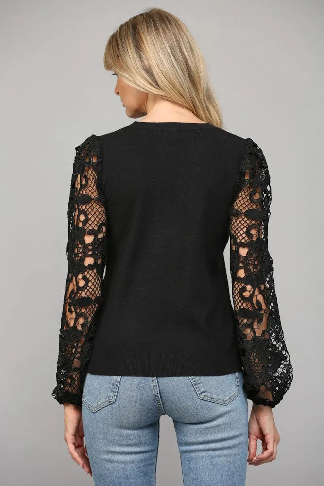 Lace Sleeve Crew Neck Sweater