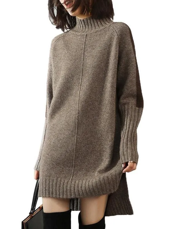 Loose Long Sleeves Contrast Color Half Turtleneck Sweater Dresses
