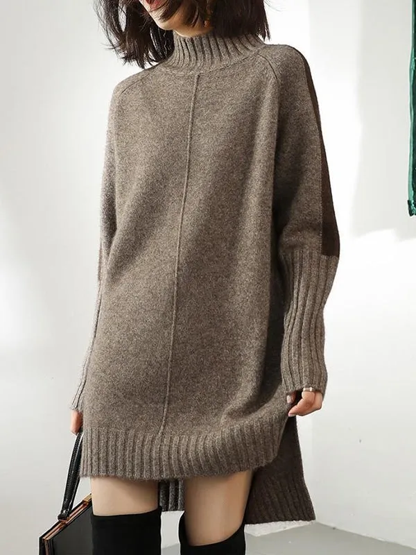 Loose Long Sleeves Contrast Color Half Turtleneck Sweater Dresses