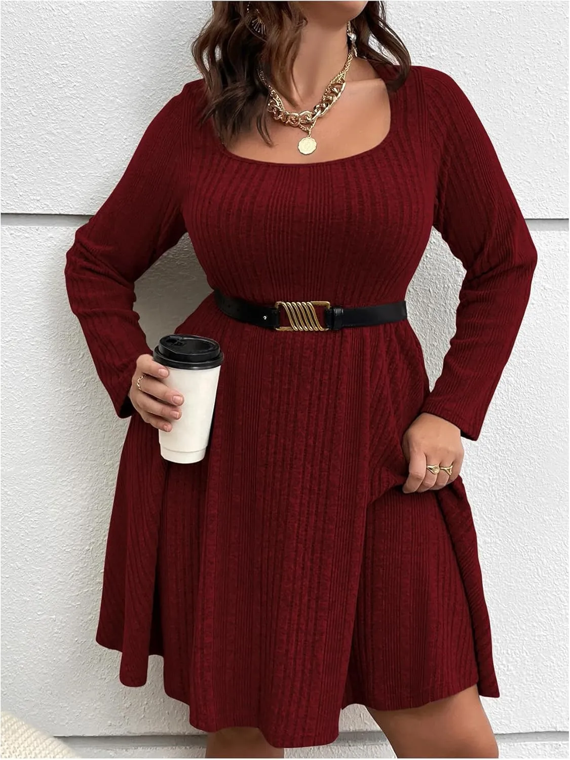 MakeMeChic Women's Plus Size Rib Knit Square Neck Sweater Dress A Line Flare Mini Dresses