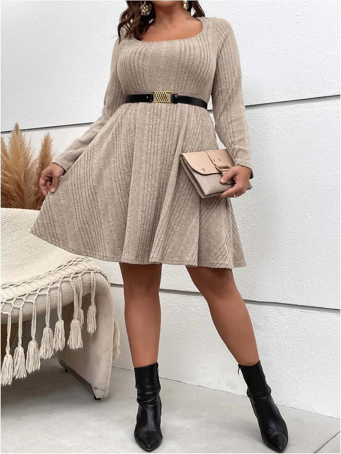 MakeMeChic Women's Plus Size Rib Knit Square Neck Sweater Dress A Line Flare Mini Dresses