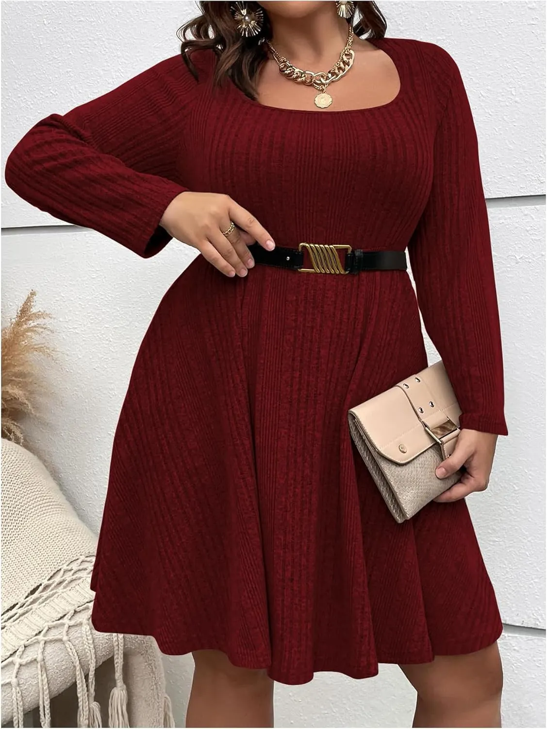 MakeMeChic Women's Plus Size Rib Knit Square Neck Sweater Dress A Line Flare Mini Dresses