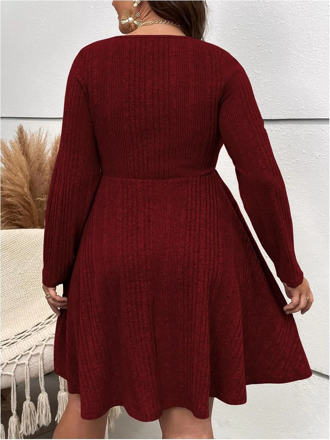 MakeMeChic Women's Plus Size Rib Knit Square Neck Sweater Dress A Line Flare Mini Dresses