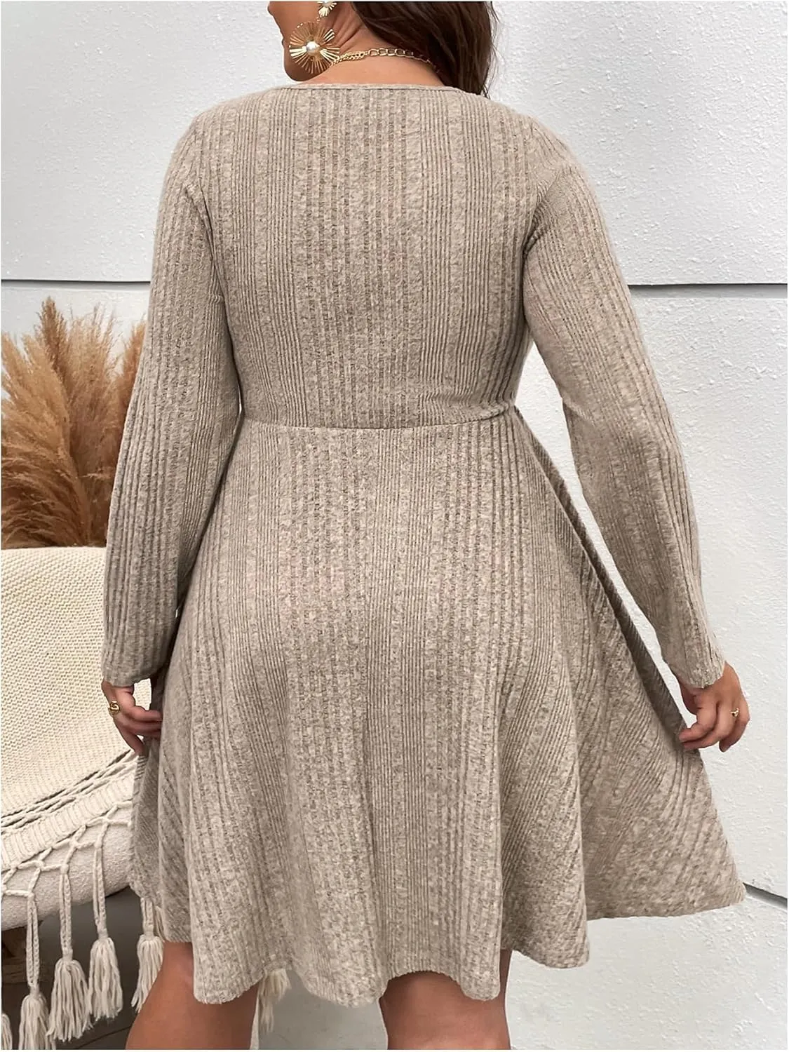 MakeMeChic Women's Plus Size Rib Knit Square Neck Sweater Dress A Line Flare Mini Dresses