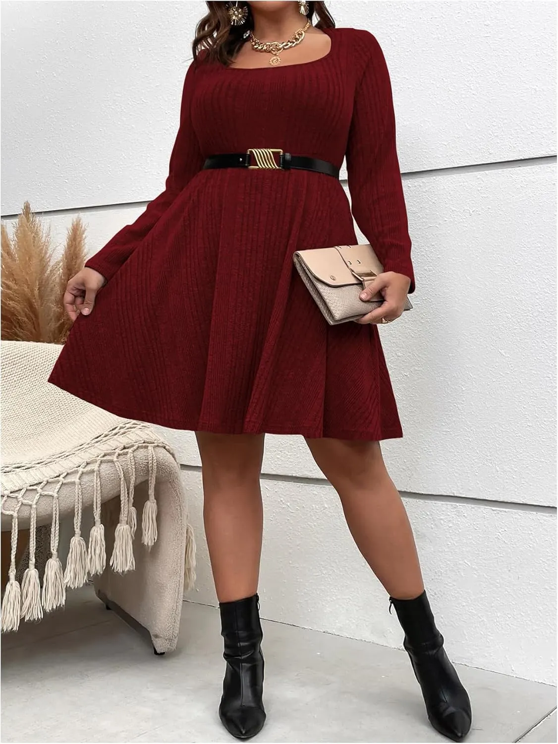 MakeMeChic Women's Plus Size Rib Knit Square Neck Sweater Dress A Line Flare Mini Dresses