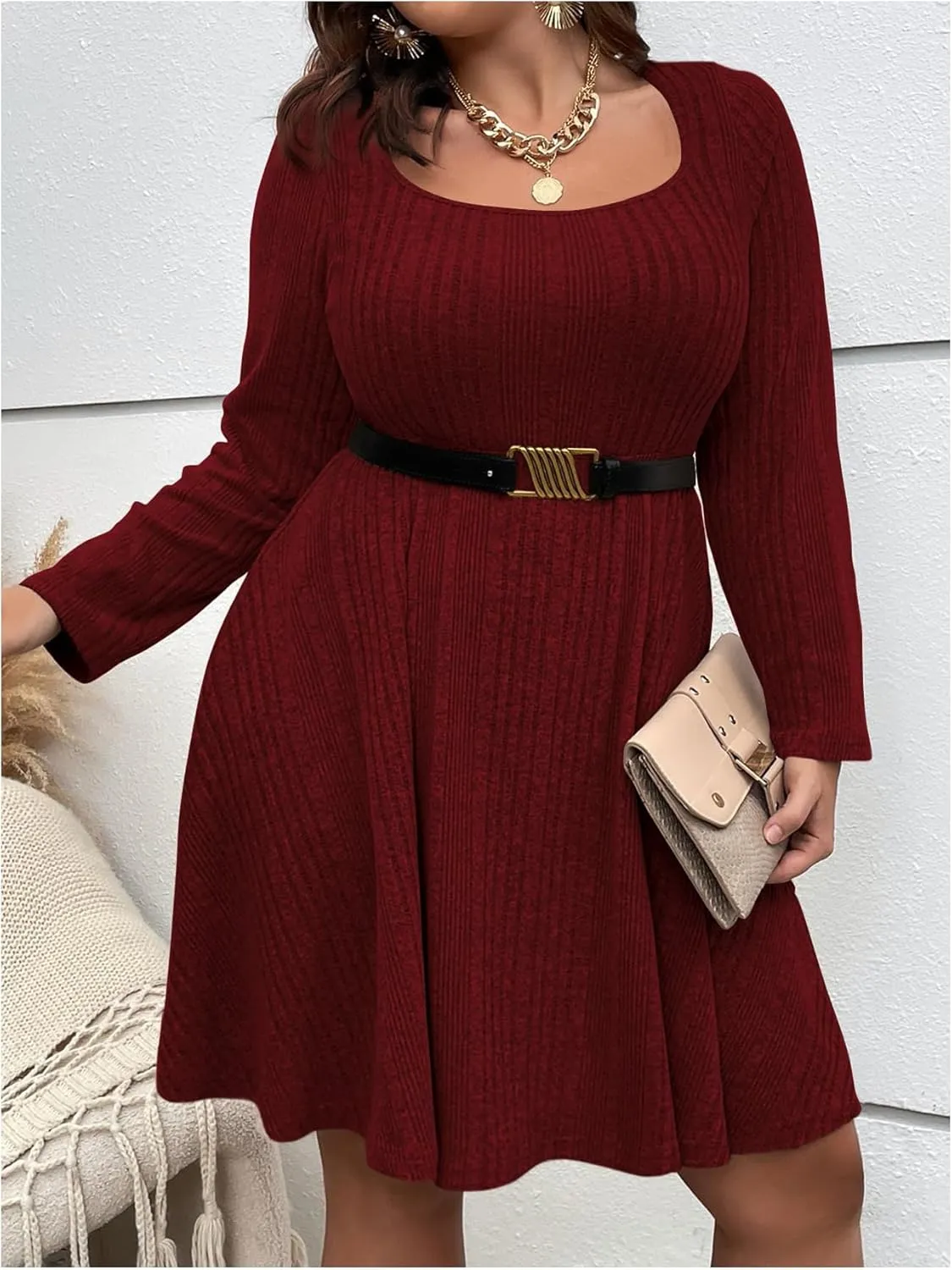 MakeMeChic Women's Plus Size Rib Knit Square Neck Sweater Dress A Line Flare Mini Dresses