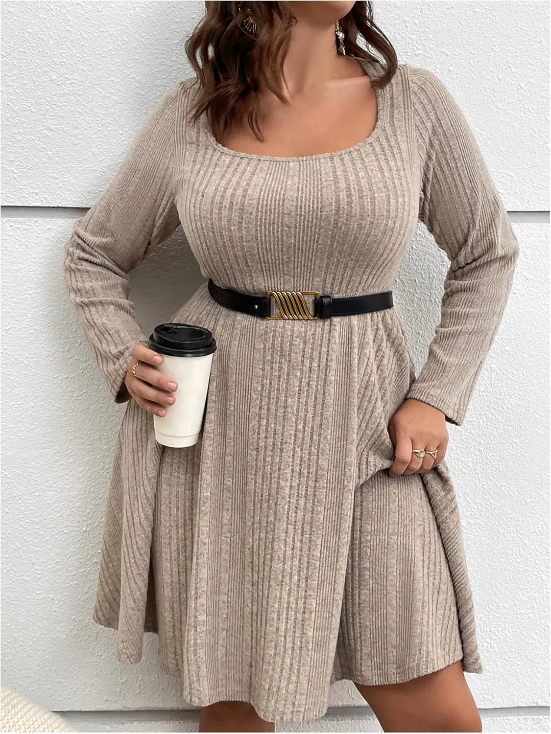 MakeMeChic Women's Plus Size Rib Knit Square Neck Sweater Dress A Line Flare Mini Dresses
